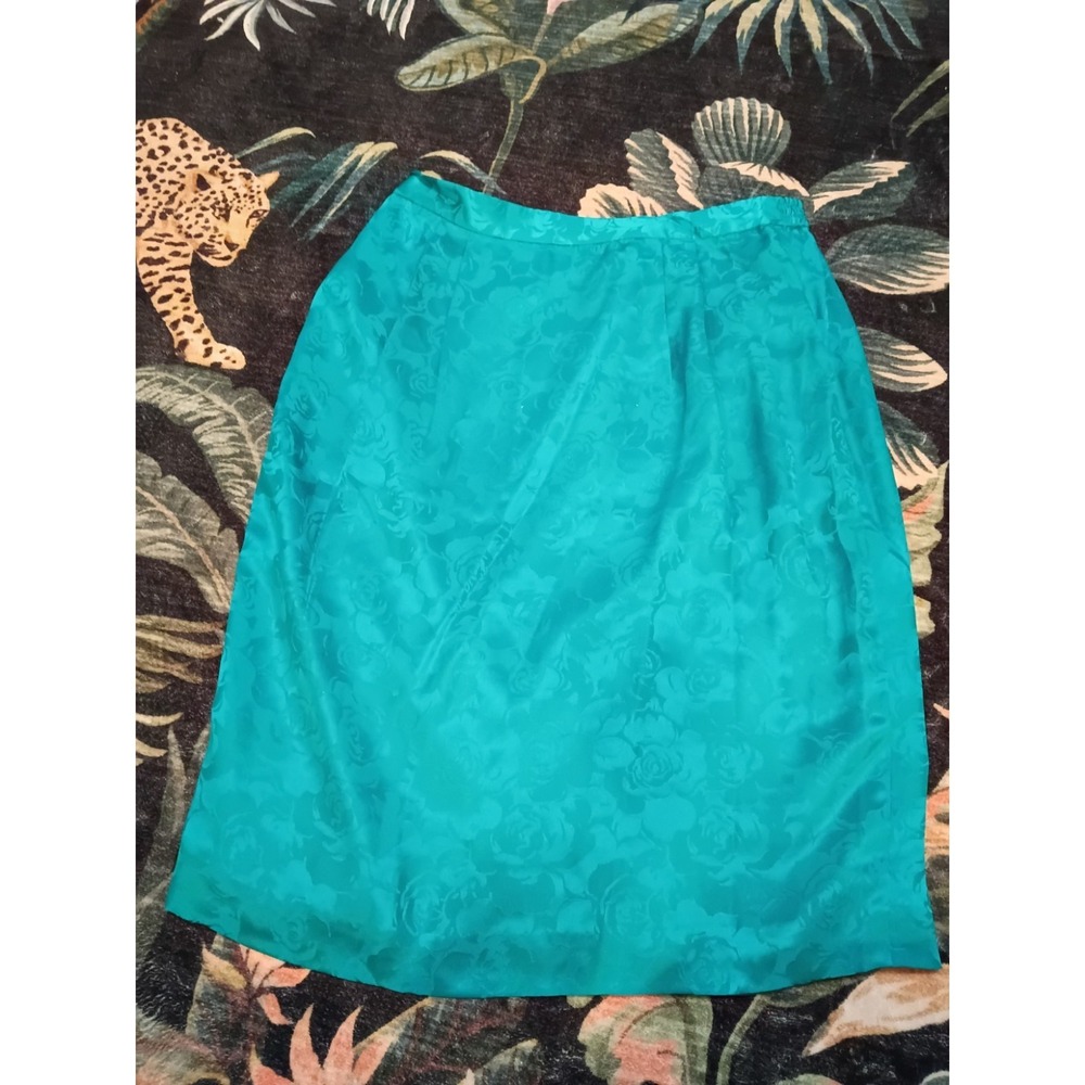 Vintage Teal Floral Jacquard 100% Silk Midi Skirt Women's 12P Retro